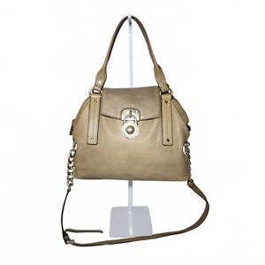 Michael Kors Womens Leather Satchel Beige Classic Size Medium